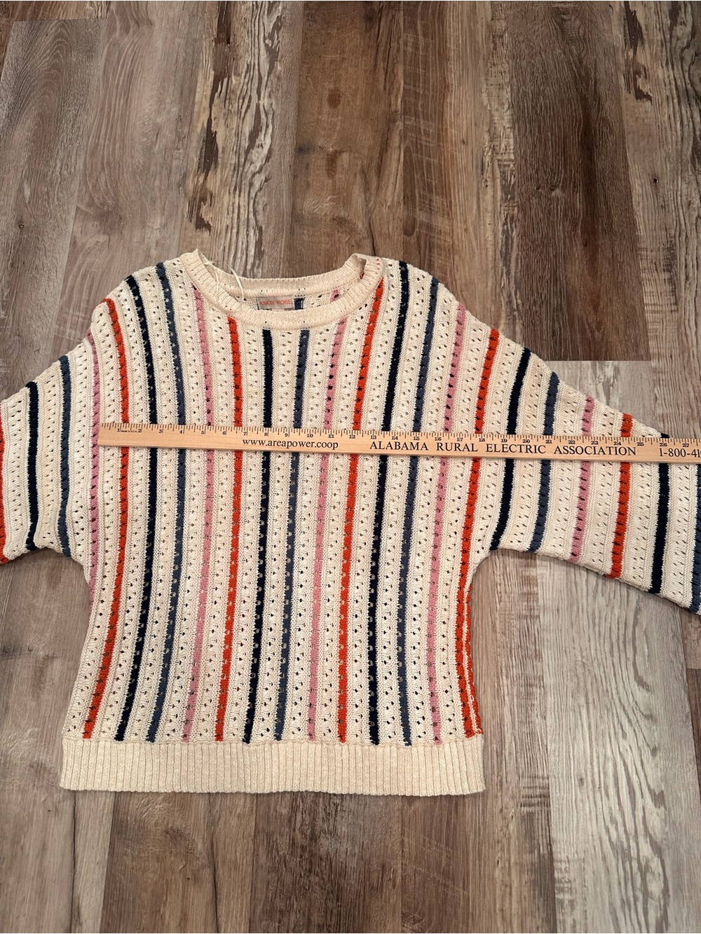Knox Rose Cream Striped Open-Knit Crewneck Sweater Cotton Layer Sz L - Picture 3 of 8